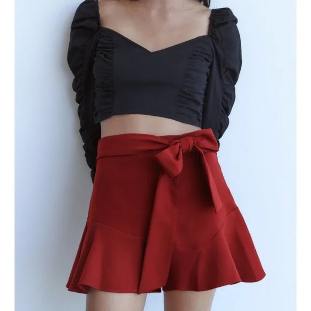 ZARA High Waisted Bow Trim Skort Burgundy